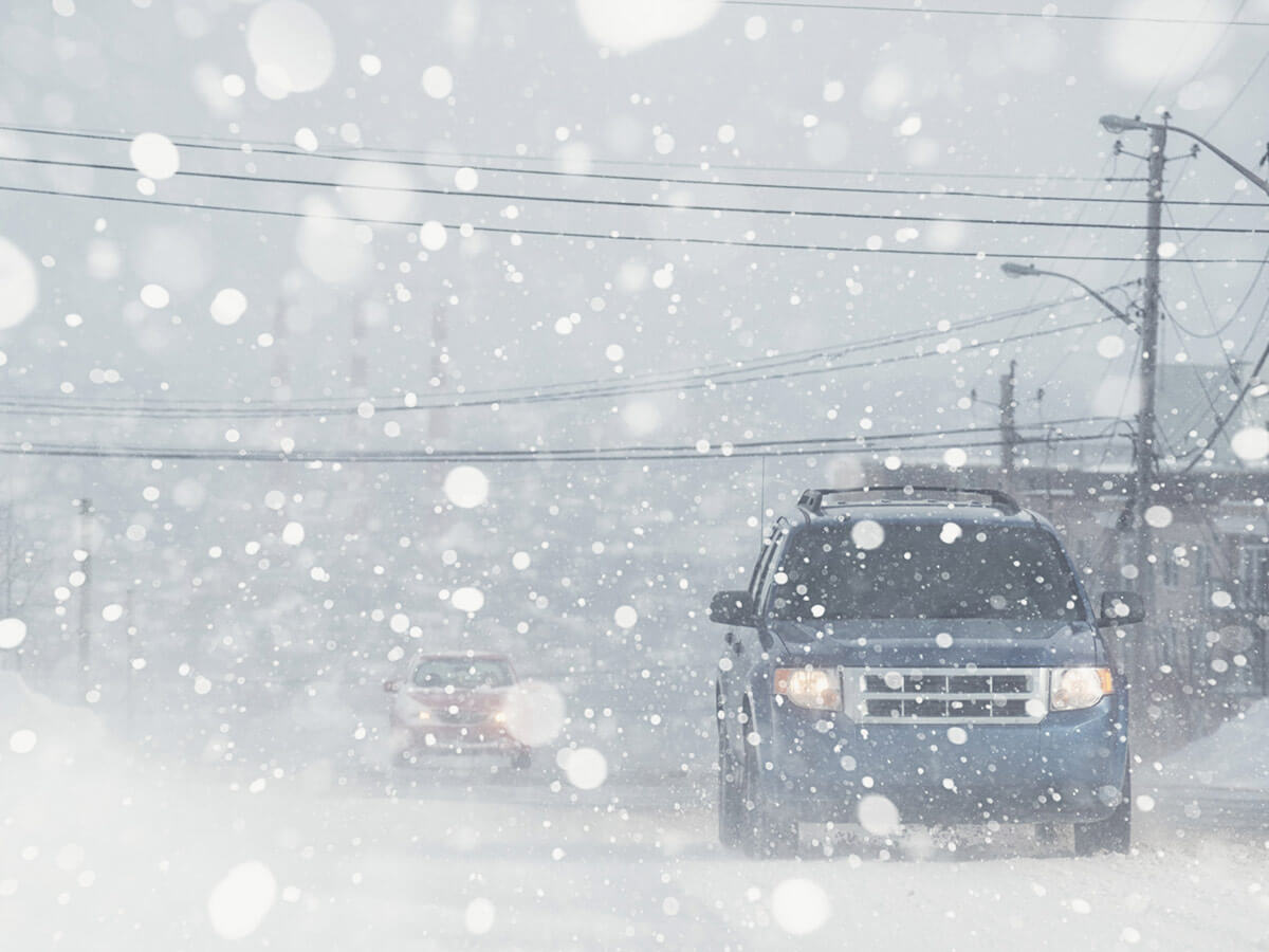 Cars driving through a blizzard
